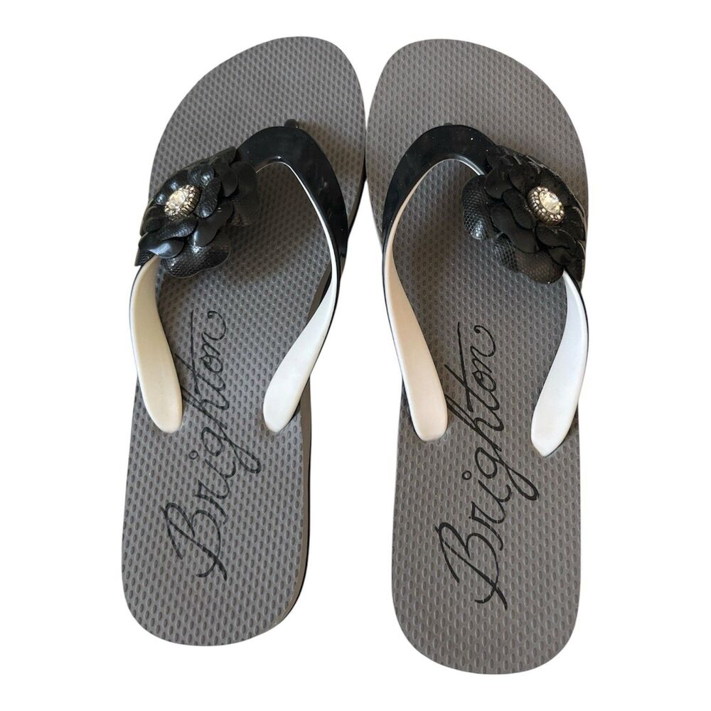 Brighton Women's Flip Flop Sandals Black Roses Rhinestone Rubber Size 8